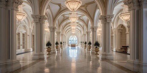 A majestic hallway of symmetrical arches, adorned with intricate moldings and a dazzling chandelier, showcases the grandeur of the building's majestic architecture