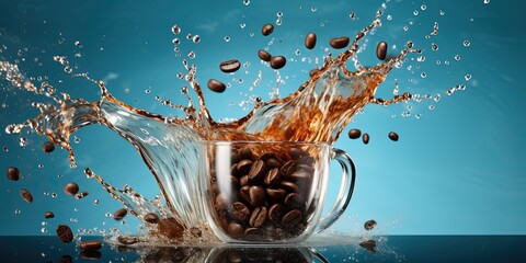 Splash of coffee and beans on blue background - obrazy, fototapety, plakaty