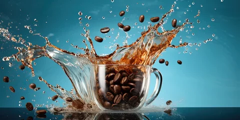 Tuinposter Splash of coffee and beans on blue background © Павел Озарчук