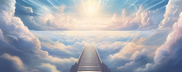 Stairway through the clouds to the heavenly light - obrazy, fototapety, plakaty