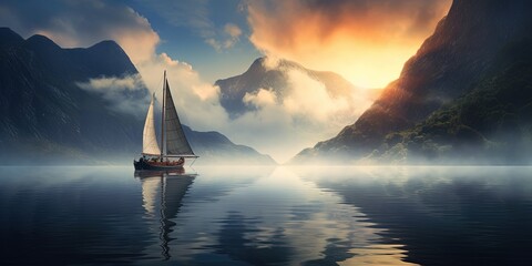 A dreamy scene featuring a sailboat gliding through a mist-covered fjord during a serene sunrise - obrazy, fototapety, plakaty