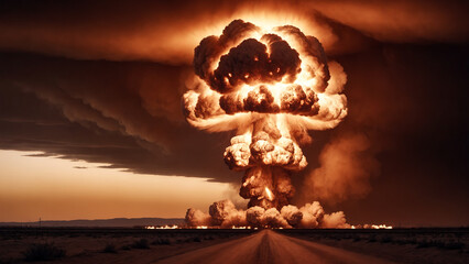 Big explosion of nuclear bomb at night in the desert. Nuclear disaster