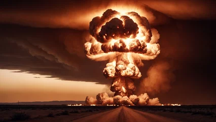 Fotobehang Big explosion of nuclear bomb at night in the desert. Nuclear disaster © DAndreev