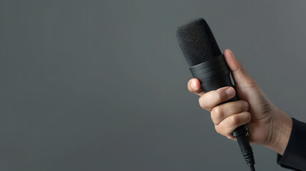 Reporter holding a microphone against a neutral background with room for text.