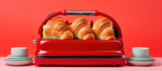 A red toaster is filled with numerous croissants, ready to be toasted. The toaster sits against a white background, showcasing the tempting treats awaiting consumption.