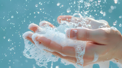 Fototapeta premium Hands immersed in soap foam on a light blue background.