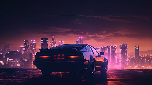 Futuristic car on the cybeprunk street in blue and purple synthwave colors. Cool retro supercar on synthwave street.