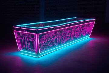 A coffin with a neon effect. Burial ceremony. Funerals Ritual services. - obrazy, fototapety, plakaty