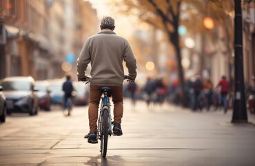 Man riding a bicycle on a city street road 