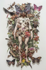 Abstract contemporary art collage portrait of young woman body  with flowers and butterflies on face. Generative AI.