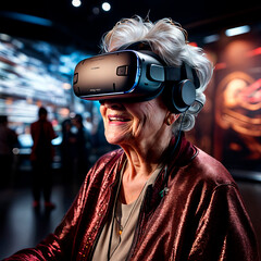 portrait of a old woman using virtual reality headset at exhibition show