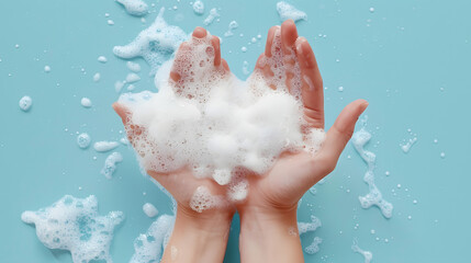 Hands immersed in soap foam on a light blue background.
