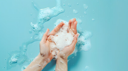 Hands immersed in soap foam on a light blue background.