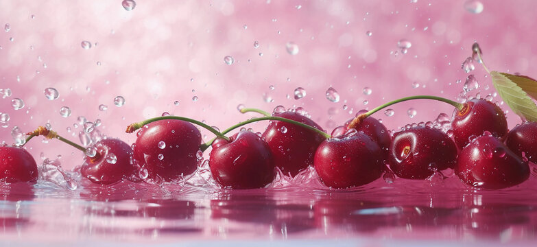 Fresh cherry splashing in water with droplets flying around, vibrant colors. stock photo of water splash with cherry Food Photography.