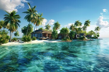 a group of houses on a beach surrounded by palm trees