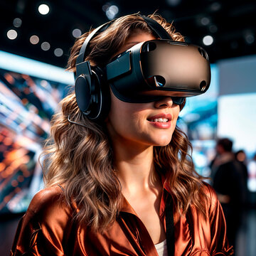 portrait of a woman using virtual reality headset at exhibition show