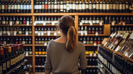Cropped shot of a beautiful happy woman shopping at the supermarket walking with shopping cart taking wine bottle from shelf copyspace buying consumer consumerism shop store winery alcohol concept