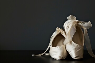 A pair of ballet slippers with ribbons on a dark surface against a black background. - obrazy, fototapety, plakaty