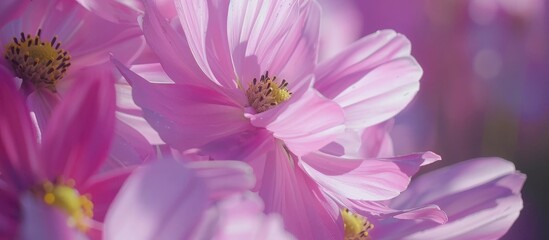 A detailed view of delicate pink cosmos flowers, showcasing intricate petals and vibrant color. The background is blurred, bringing focus to the beauty of the blooms.