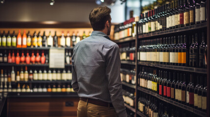 Cropped shot of a beautiful happy woman shopping at the supermarket walking with shopping cart taking wine bottle from shelf copyspace buying consumer consumerism shop store winery alcohol concept