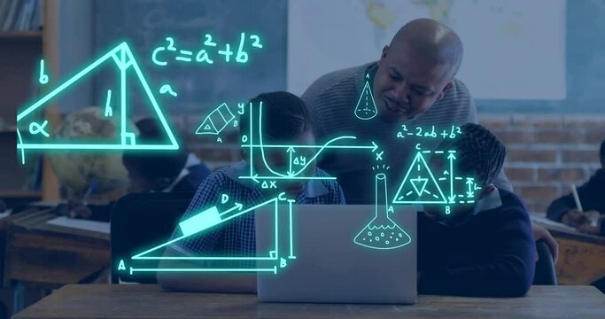 Animation of geometry equations over happy african american male teacher and schoolboys in class