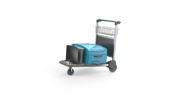 Airport trolley with suitcase and briefcase, moving from right to left on white background