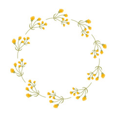 Obraz na płótnie Canvas Doodle Floral Wreath made of yellow Flowers in circle. Hand drawn minimalist spring botanical element. Round summer frame or border with place text, quote or logo in flat style Women Mother Day