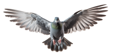 Flying pigeon front view spreading its wings