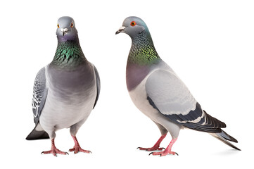 Two pigeons sitting portrait on isolated background