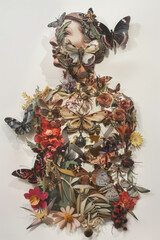 Portrait of a woman with lots of flowers and butterflies. Abstract trendy art paper collage design. Generative AI.
