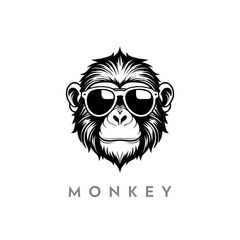 monkey silhouette illustration.  chimpanzee with sunglass black and white vector logo