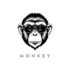 monkey silhouette illustration.  chimpanzee with sunglass black and white vector logo