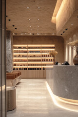 The interior of a perfume and cosmetics store is in the style of minimalism, modernism, with marble finishing in beige colors. Vertical image.