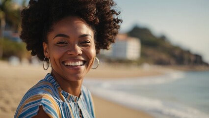 Vacation black woman smiling and laughing on a sunny beach