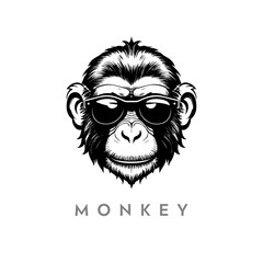 monkey silhouette illustration.  chimpanzee with sunglass black and white vector logo
