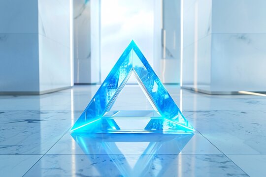 a blue triangle on a marble floor