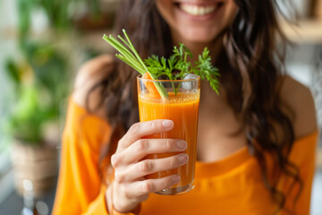 Healthy Lifestyle: Asian Woman Enjoying Orange Detox Juice for Weight Loss. Generative AI.