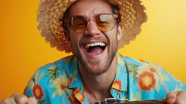 Joyful Man with Ukulele, exuberant man in tropical attire plays a ukulele, his laughter infectious against a vivid yellow background
