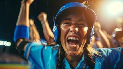 Closeup photo of a softball players celebrating a victory in the evening with fans in the background - obrazy, fototapety, plakaty