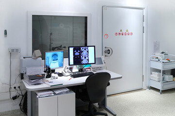 Interior of X-ray control room with all necessary computer equipment