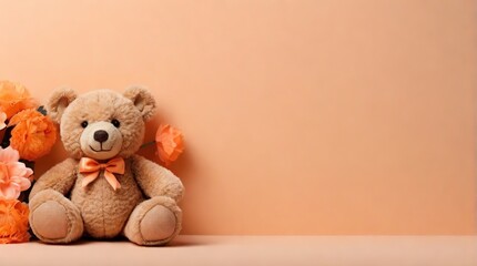 Cute teddy bear and balloons on peach fuzz background, concept of valentines day or birthday cards in trendy 2024 colors, space for text