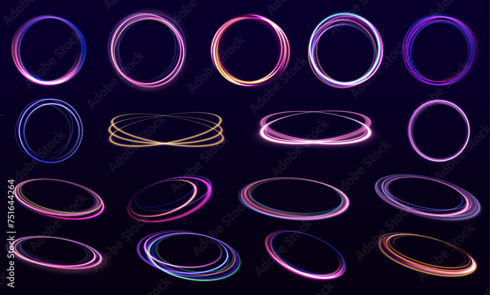 Poster set of neon blurry light circles at motion . vector swirl trail effect. rounded neon line with light