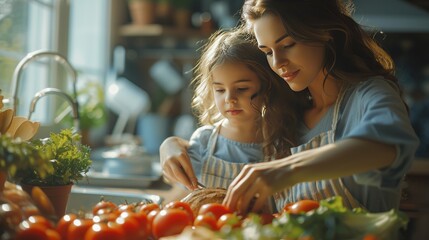 Mother & Daughter Cooking Together, tender moment as a mother guides her young daughter in preparing a meal at home, surrounded by fresh produce.