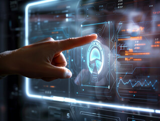 Finger pointing at a futuristic transparent screen