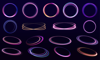 Set of neon blurry light circles at motion . Vector swirl trail effect. Rounded neon line with light effect. Energy flow tunnel.  Radiant speed motion design. Magic energy vortex with spark
