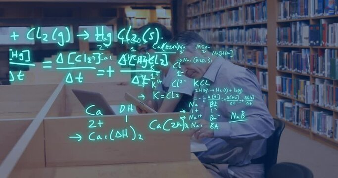 Animation of equations over caucasian male teacher and student using laptop and tablet in library