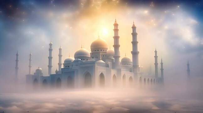 Ramadan Kareem background with crescent, stars and glowing clouds above serene sea