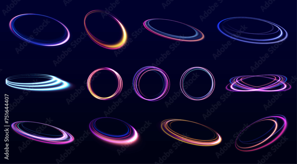 Poster set of speed lines in circle shape of neon colors for your design. glowing borders isolated on a dar