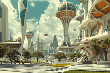 Retrofuturistic landscape in mid-century sci-fi style. Retro science fiction scene with futuristic city buildings.
