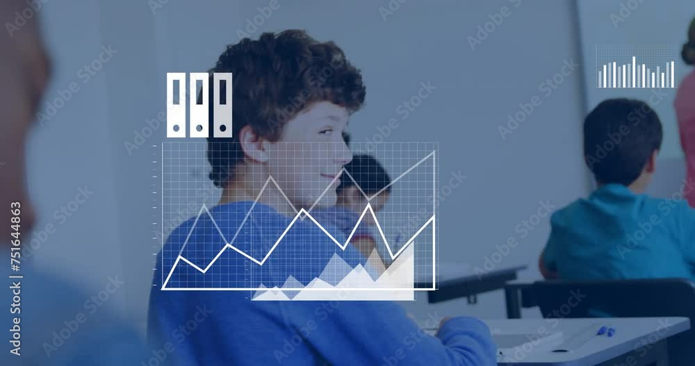 Aufkleber animation of data media icons processing over happy caucasian schoolboy smiling in classroom